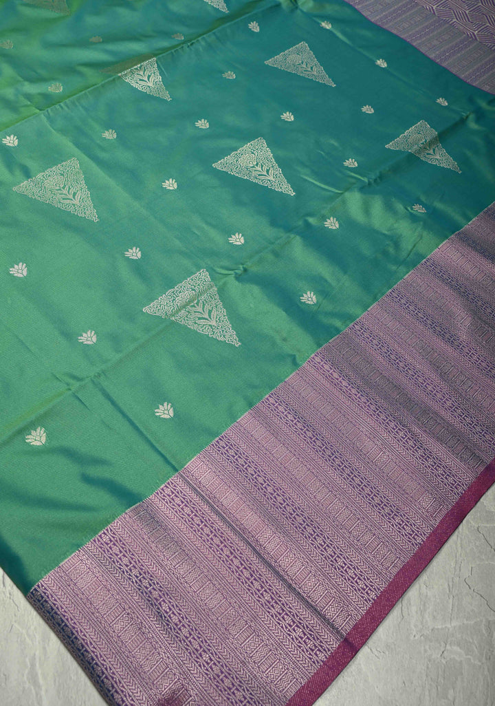 Spring Green Dual Tone Kanchi Semi Silk Saree with Silver Zari Buttas  and Contrast Wide Zari Border