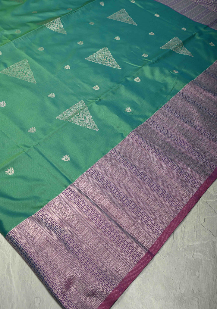 Spring Green Dual Tone Kanchi Semi Silk Saree with Silver Zari Buttas  and Contrast Wide Zari Border