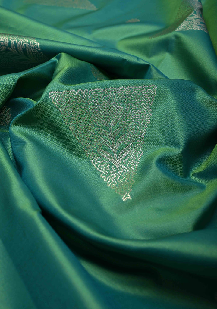 Spring Green Dual Tone Kanchi Semi Silk Saree with Silver Zari Buttas  and Contrast Wide Zari Border