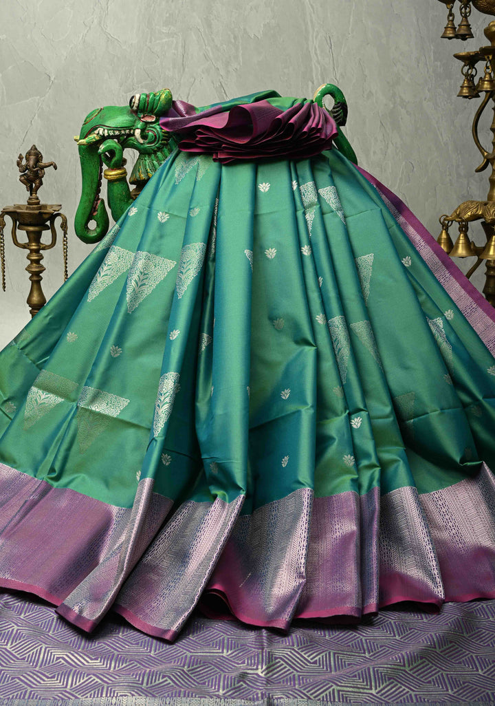 Spring Green Dual Tone Kanchi Semi Silk Saree with Silver Zari Buttas  and Contrast Wide Zari Border