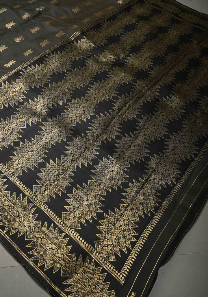 Blackish Brown Kanjivaram Semi Silk Saree with Zari Buttas and Fancy Zari Border | SHOBITAM