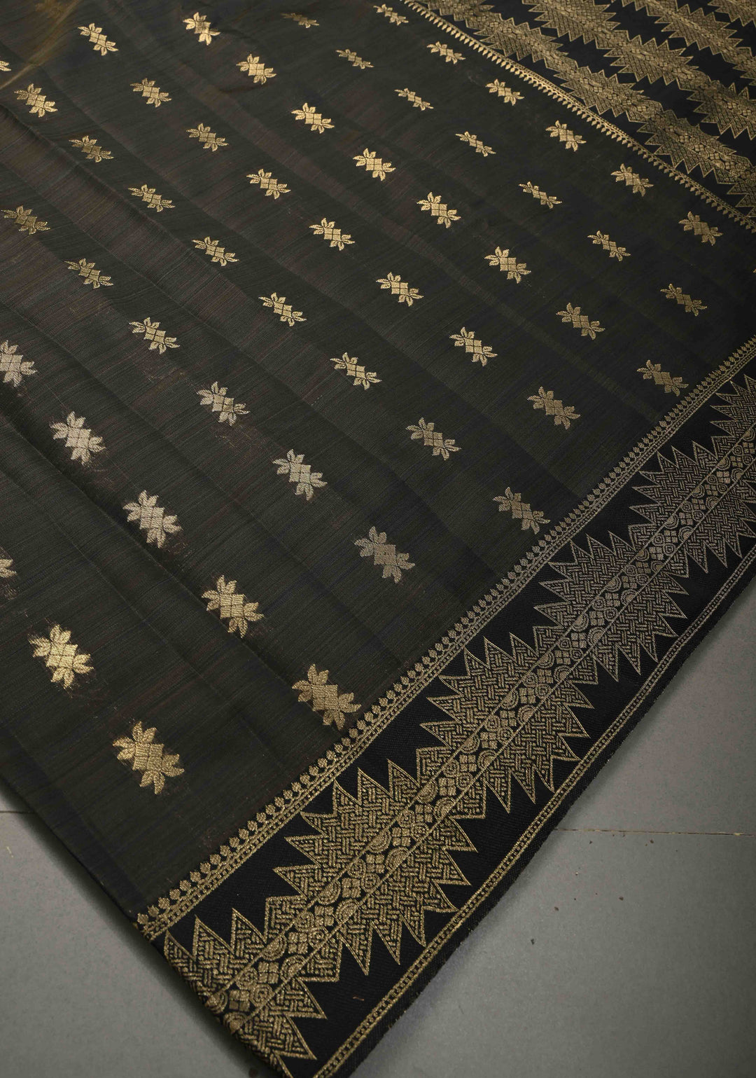 Blackish Brown Kanjivaram Semi Silk Saree with Zari Buttas and Fancy Zari Border | SHOBITAM
