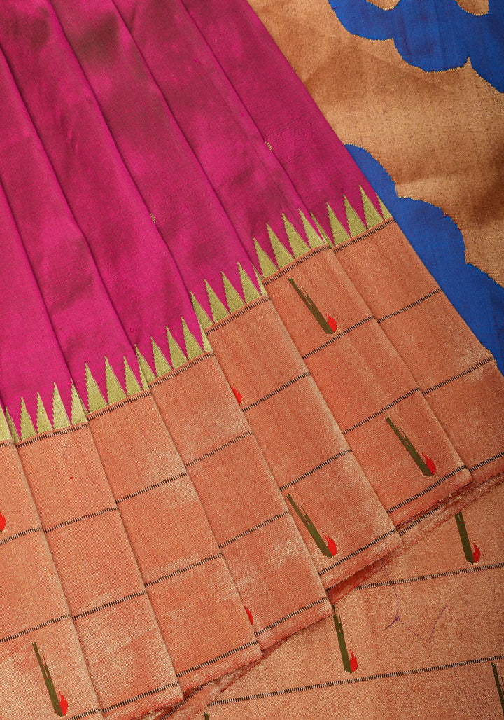 Fuchsia Yeola Paithani Pure Silk Authentic Handloom Saree, 2 side Triple Muniya Border | SILK MARK CERTIFIED