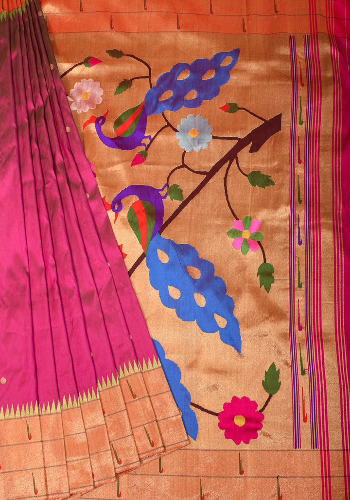 Fuchsia Yeola Paithani Pure Silk Authentic Handloom Saree, 2 side Triple Muniya Border | SILK MARK CERTIFIED