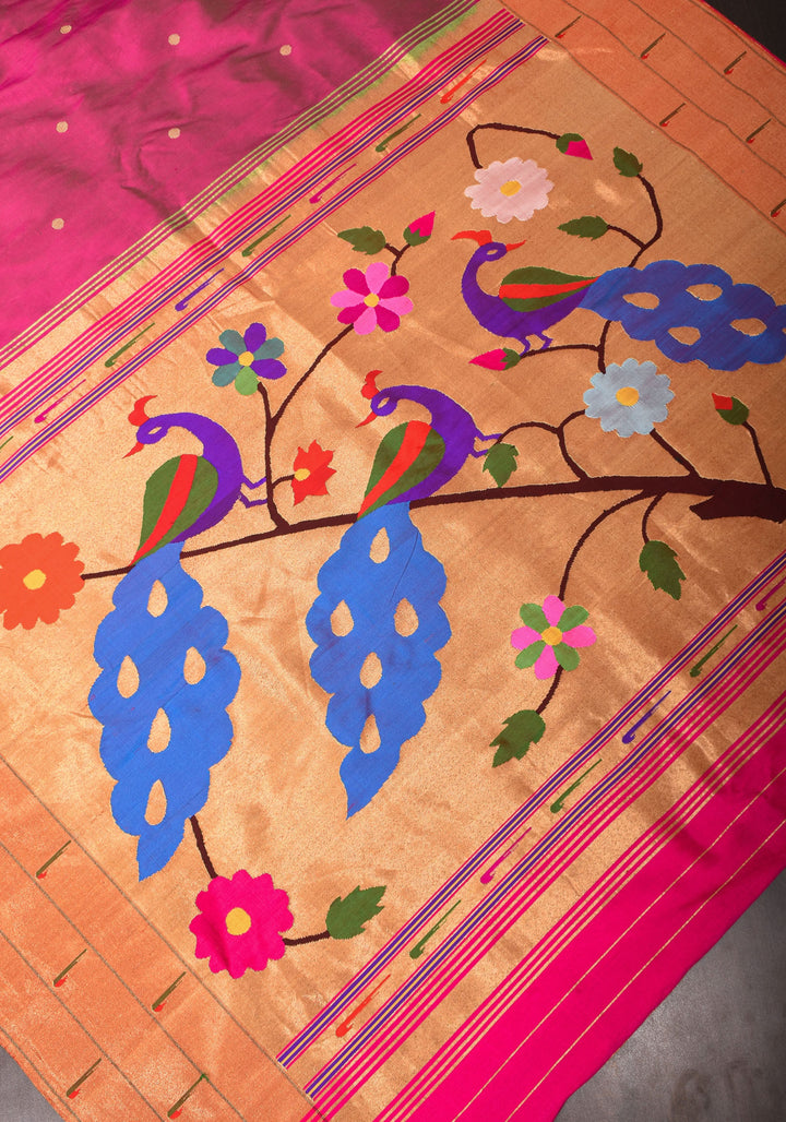 Fuchsia Yeola Paithani Pure Silk Authentic Handloom Saree, 2 side Triple Muniya Border | SILK MARK CERTIFIED