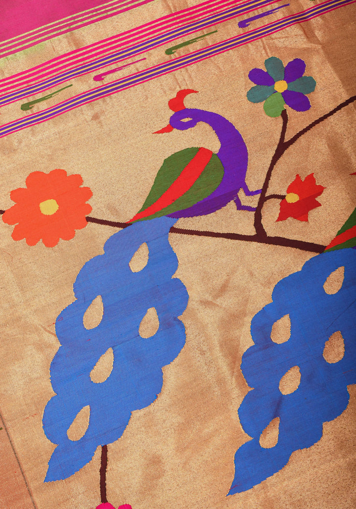 Fuchsia Yeola Paithani Pure Silk Authentic Handloom Saree, 2 side Triple Muniya Border | SILK MARK CERTIFIED