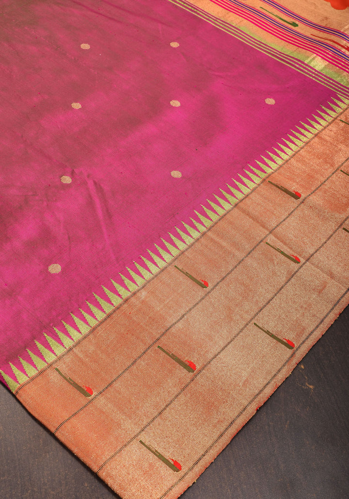 Fuchsia Yeola Paithani Pure Silk Authentic Handloom Saree, 2 side Triple Muniya Border | SILK MARK CERTIFIED