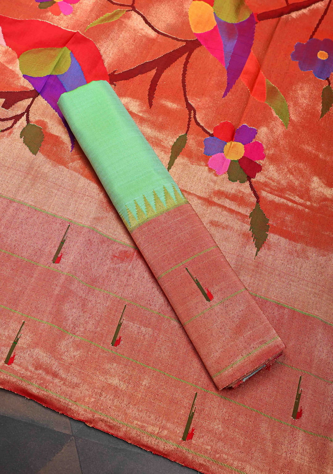 Stripes Tissue Authentic Yeola Paithani Pure Silk Saree with African Parrot Pallu | SILK MARK CERTIFIED