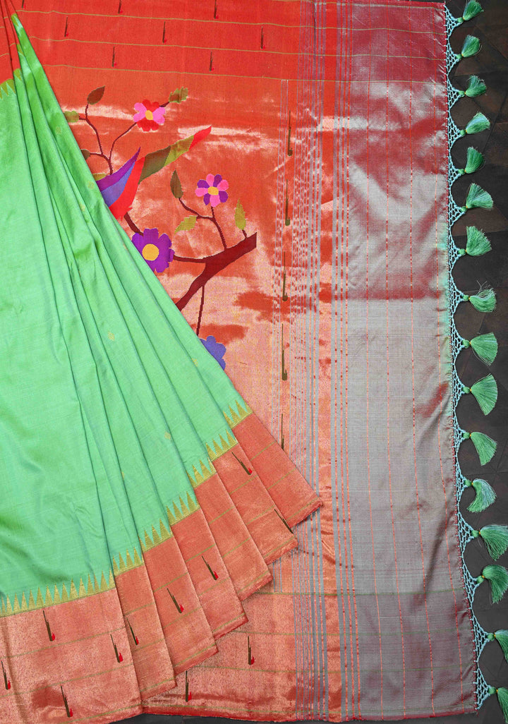 Stripes Tissue Authentic Yeola Paithani Pure Silk Saree with African Parrot Pallu | SILK MARK CERTIFIED