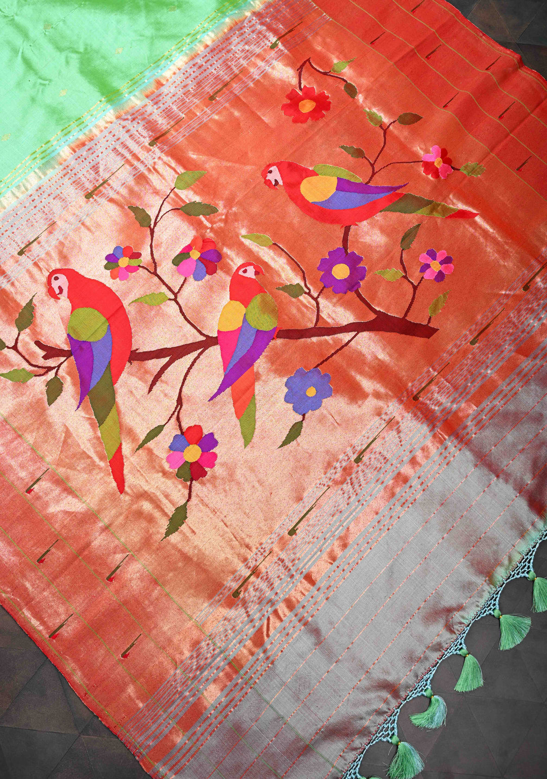 Stripes Tissue Authentic Yeola Paithani Pure Silk Saree with African Parrot Pallu | SILK MARK CERTIFIED