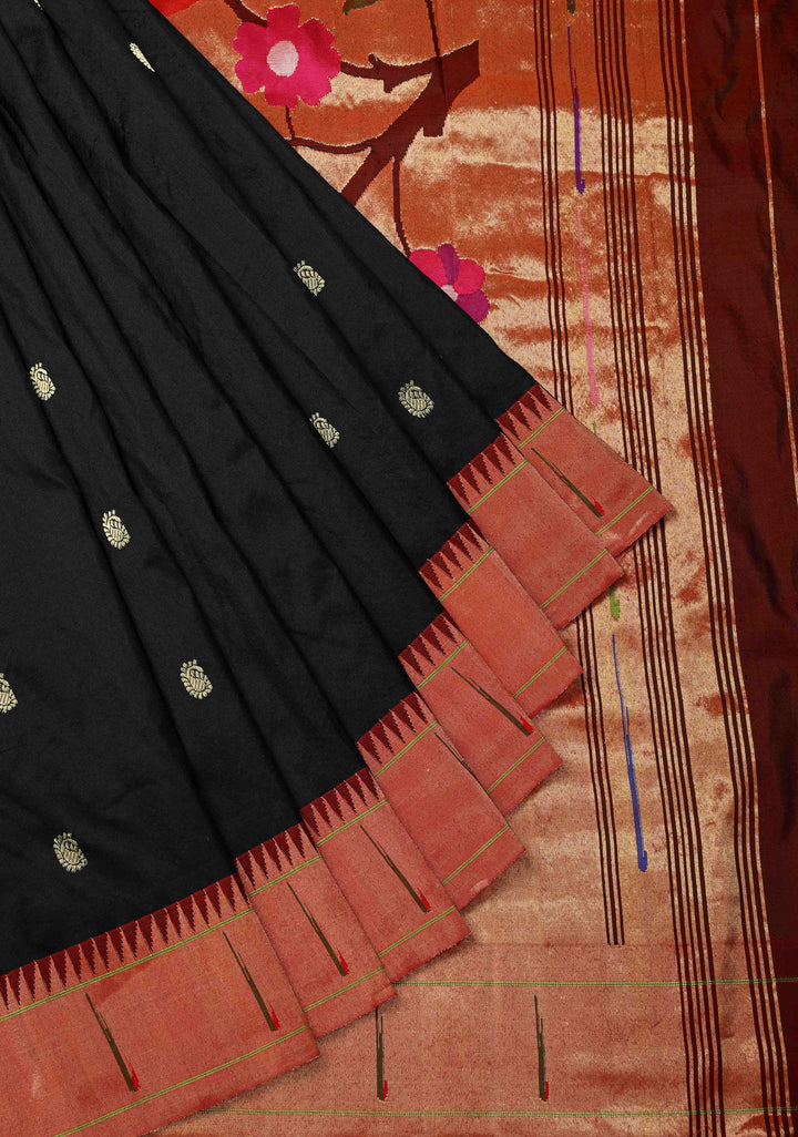 Authentic Black Yeola Paithani Handloom Silk Saree with Single Muniya Borders and African Parrot Grand Pallu | SILK MARK CERTIFIED