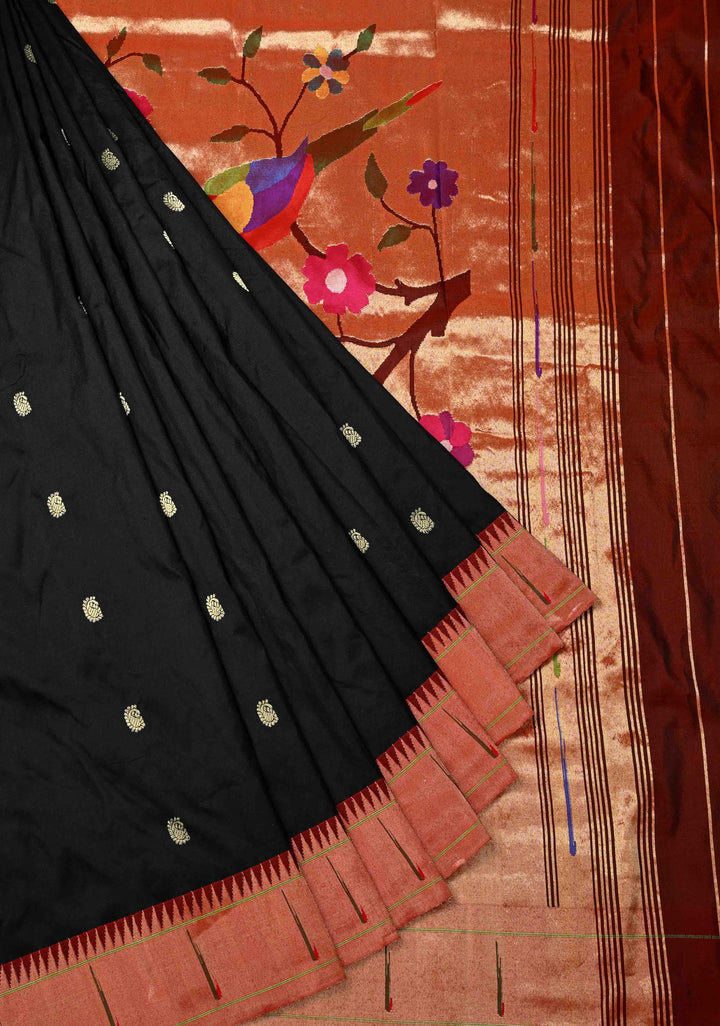 Authentic Black Yeola Paithani Handloom Silk Saree with Single Muniya Borders and African Parrot Grand Pallu | SILK MARK CERTIFIED