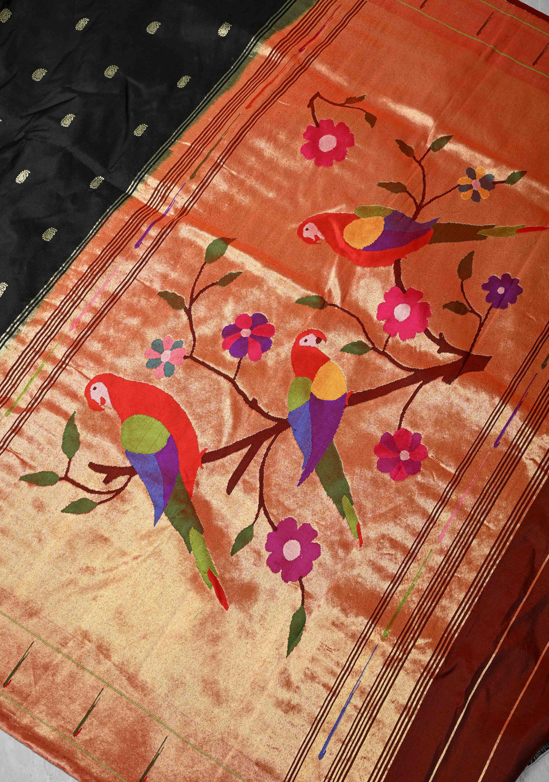 Authentic Black Yeola Paithani Handloom Silk Saree with Single Muniya Borders and African Parrot Grand Pallu | SILK MARK CERTIFIED