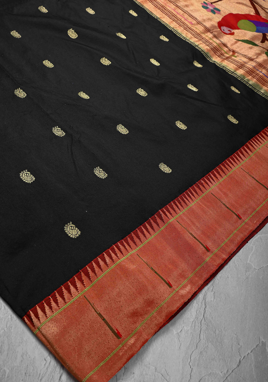 Authentic Black Yeola Paithani Handloom Silk Saree with Single Muniya Borders and African Parrot Grand Pallu | SILK MARK CERTIFIED