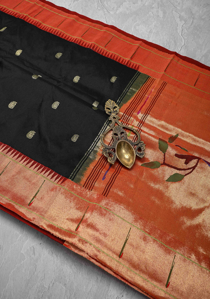 Authentic Black Yeola Paithani Handloom Silk Saree with Single Muniya Borders and African Parrot Grand Pallu | SILK MARK CERTIFIED