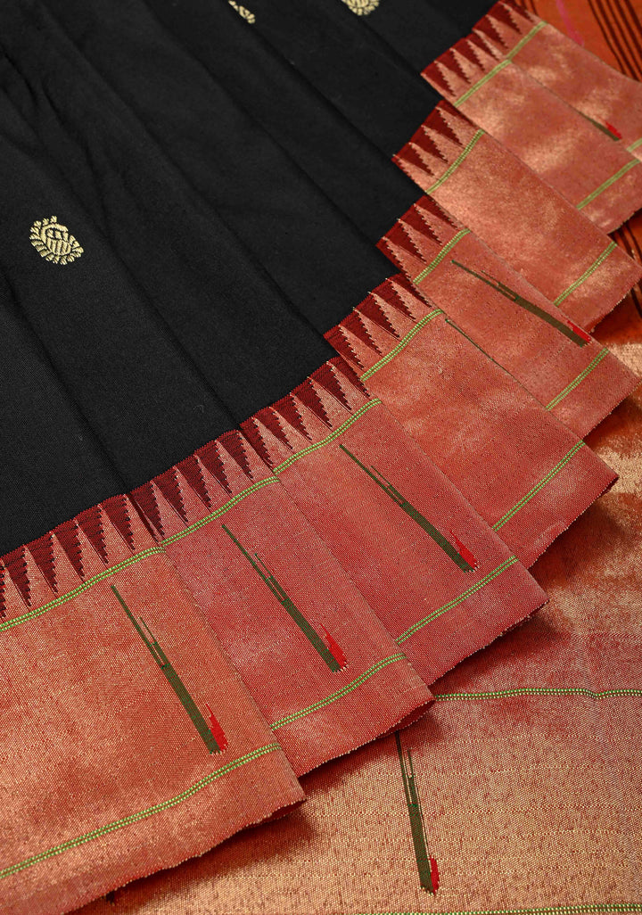 Authentic Black Yeola Paithani Handloom Silk Saree with Single Muniya Borders and African Parrot Grand Pallu | SILK MARK CERTIFIED