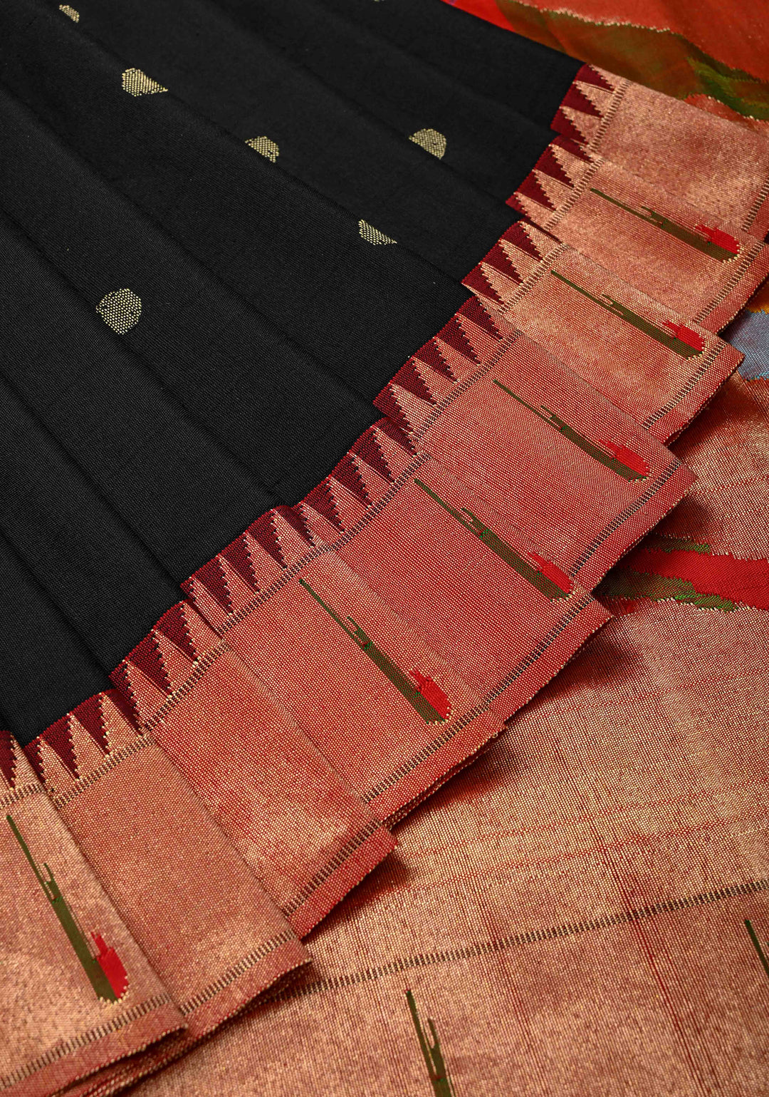Authentic Black Yeola Paithani Handloom Silk Saree with Single Muniya Borders and and African Parrot Pallu | SILK MARK CERTIFIED