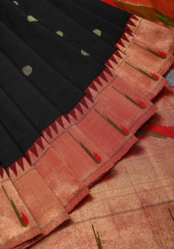 Authentic Black Yeola Paithani Handloom Silk Saree with Single Muniya Borders and and African Parrot Pallu | SILK MARK CERTIFIED