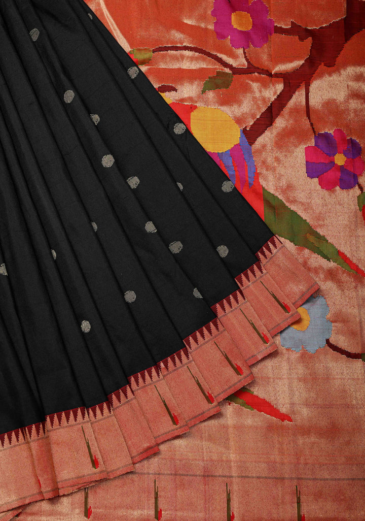 Authentic Black Yeola Paithani Handloom Silk Saree with Single Muniya Borders and and African Parrot Pallu | SILK MARK CERTIFIED