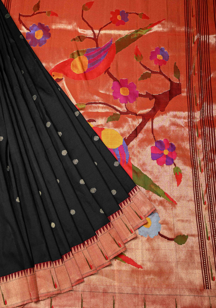 Authentic Black Yeola Paithani Handloom Silk Saree with Single Muniya Borders and and African Parrot Pallu | SILK MARK CERTIFIED