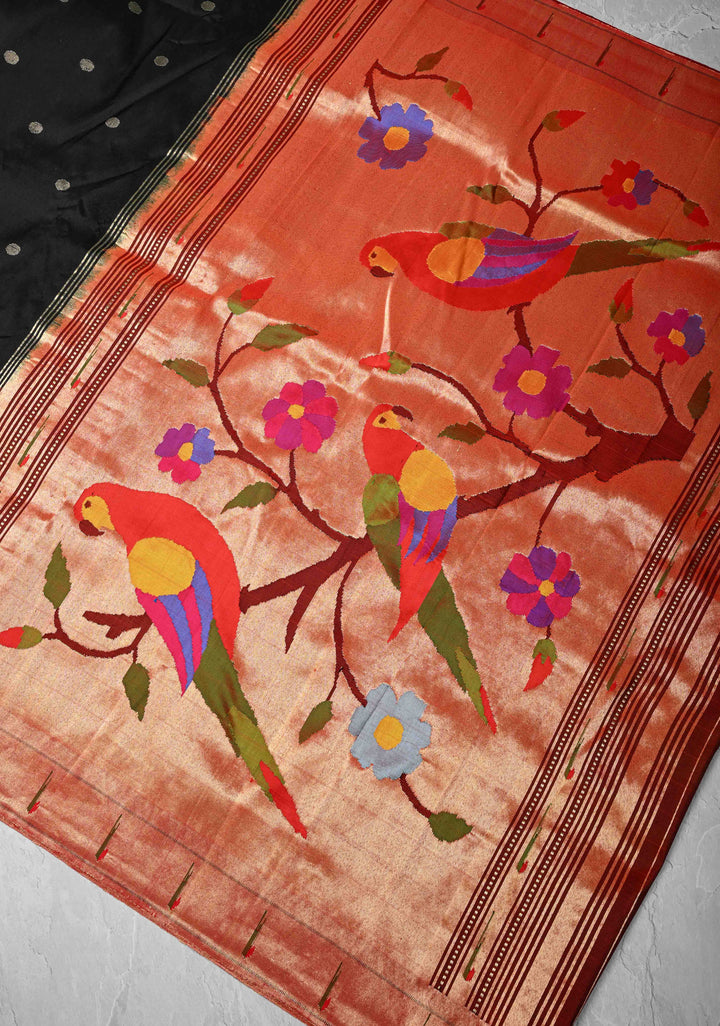 Authentic Black Yeola Paithani Handloom Silk Saree with Single Muniya Borders and and African Parrot Pallu | SILK MARK CERTIFIED
