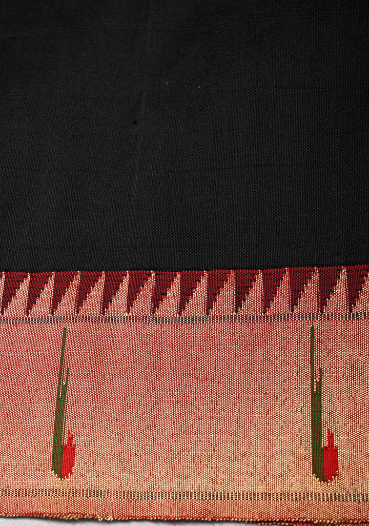 Authentic Black Yeola Paithani Handloom Silk Saree with Single Muniya Borders and and African Parrot Pallu | SILK MARK CERTIFIED