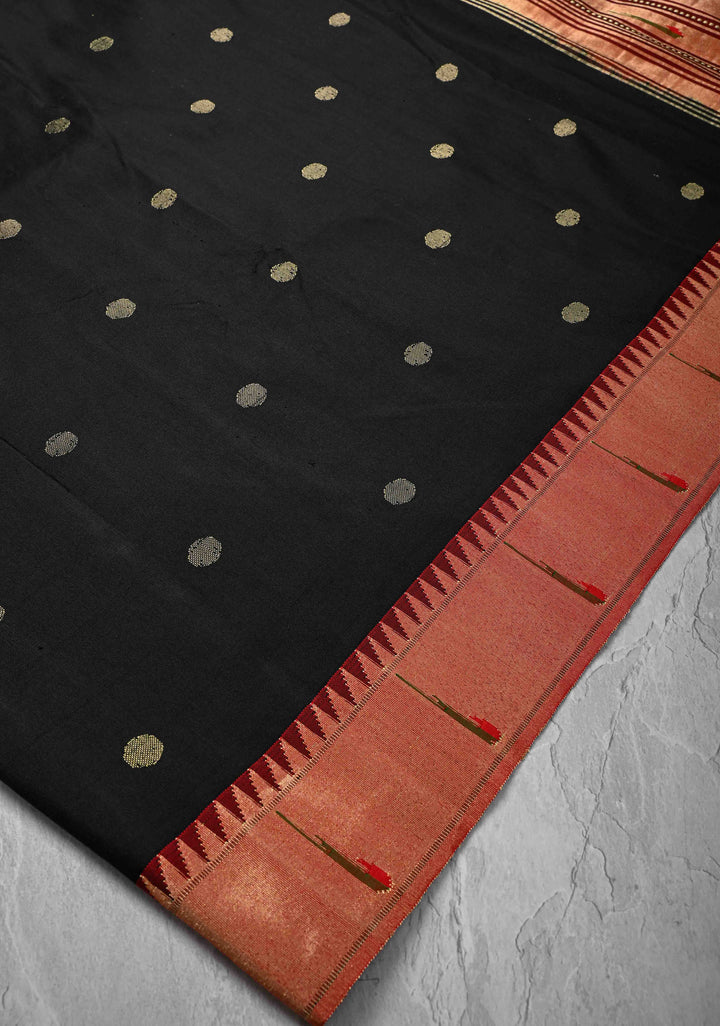 Authentic Black Yeola Paithani Handloom Silk Saree with Single Muniya Borders and and African Parrot Pallu | SILK MARK CERTIFIED