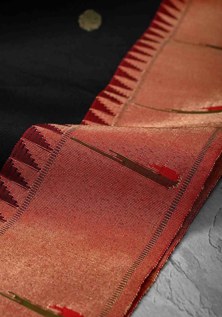 Authentic Black Yeola Paithani Handloom Silk Saree with Single Muniya Borders and and African Parrot Pallu | SILK MARK CERTIFIED