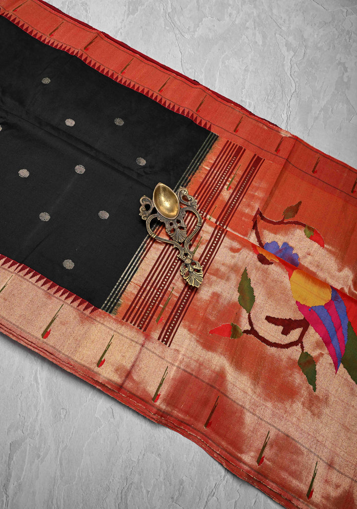 Authentic Black Yeola Paithani Handloom Silk Saree with Single Muniya Borders and and African Parrot Pallu | SILK MARK CERTIFIED