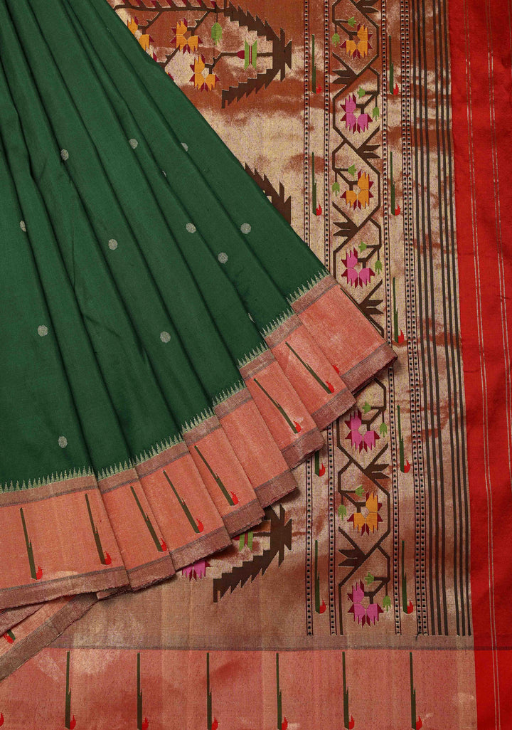 Authentic Bottle Green Yeola Paithani Handloom Silk Saree with Single Muniya Borders and Grand Pallu | SILK MARK CERTIFIED
