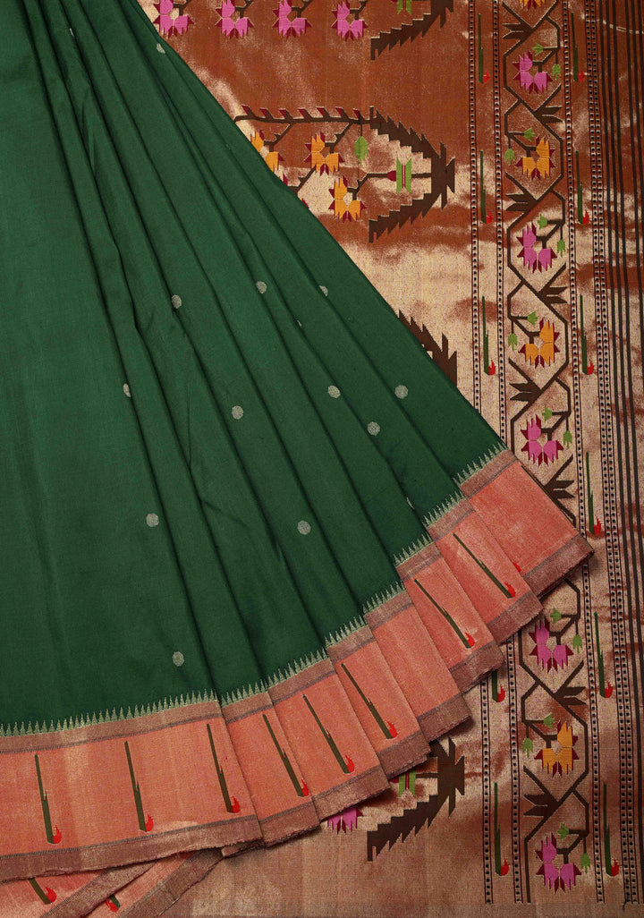 Authentic Bottle Green Yeola Paithani Handloom Silk Saree with Single Muniya Borders and Grand Pallu | SILK MARK CERTIFIED