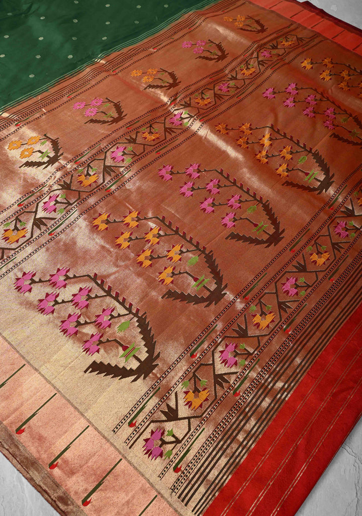 Authentic Bottle Green Yeola Paithani Handloom Silk Saree with Single Muniya Borders and Grand Pallu | SILK MARK CERTIFIED