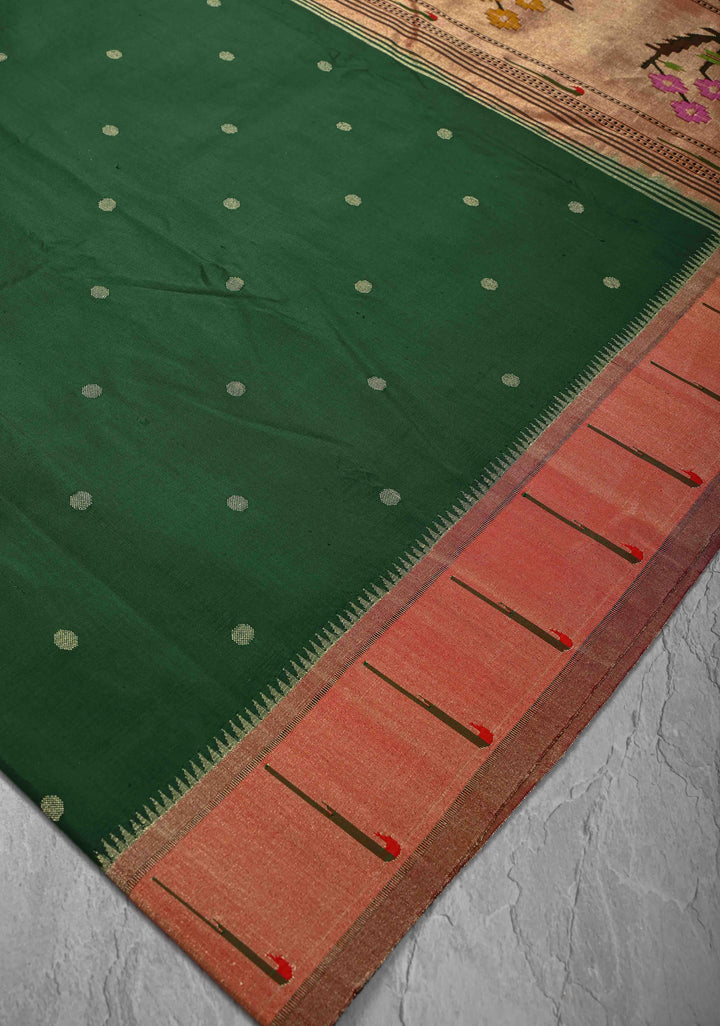 Authentic Bottle Green Yeola Paithani Handloom Silk Saree with Single Muniya Borders and Grand Pallu | SILK MARK CERTIFIED