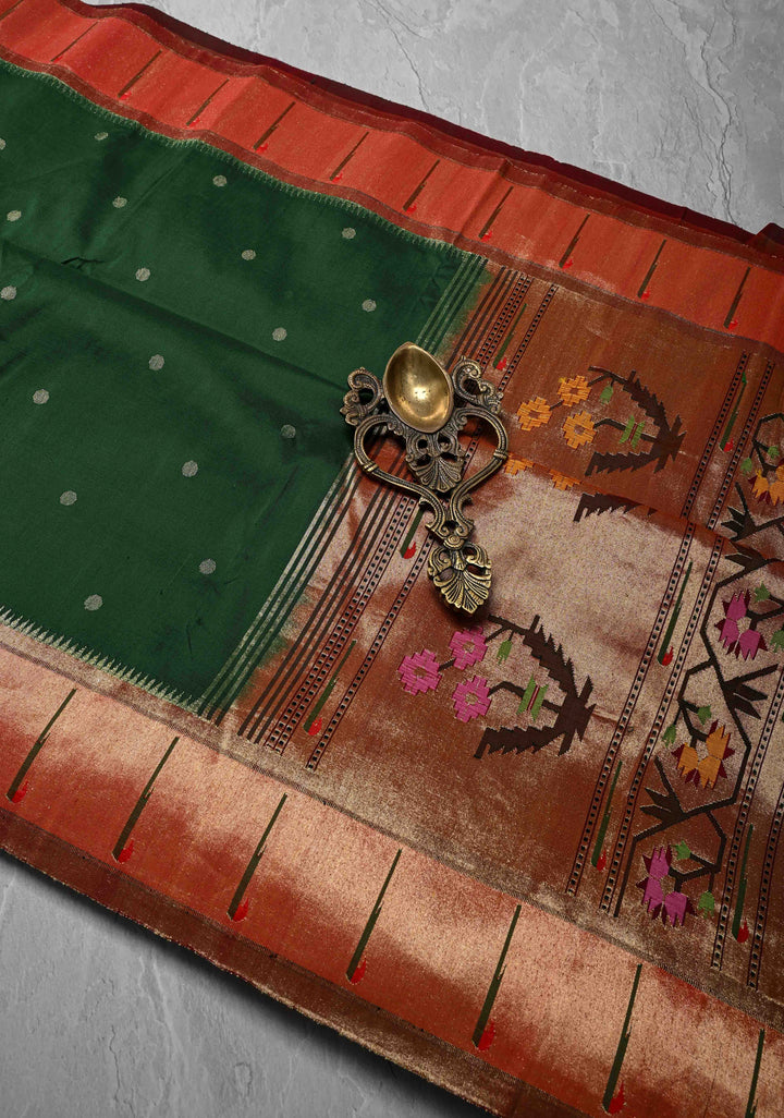 Authentic Bottle Green Yeola Paithani Handloom Silk Saree with Single Muniya Borders and Grand Pallu | SILK MARK CERTIFIED