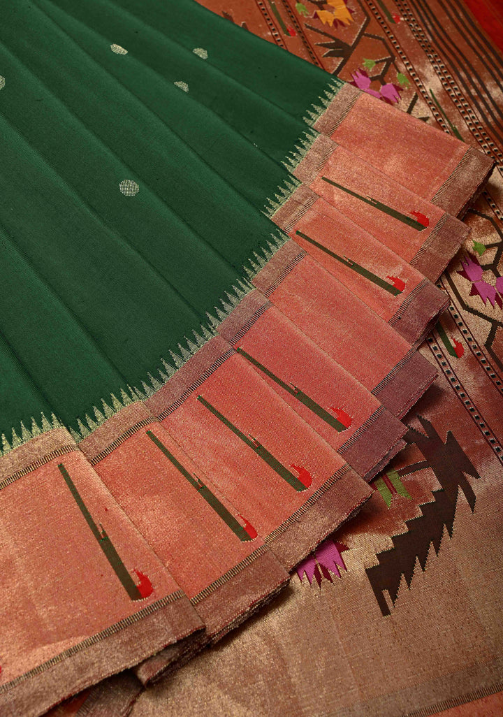Authentic Bottle Green Yeola Paithani Handloom Silk Saree with Single Muniya Borders and Grand Pallu | SILK MARK CERTIFIED