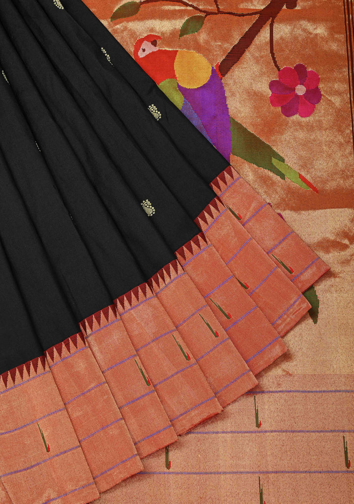 Authentic Black Yeola Paithani Handloom Silk Saree with Triple Muniya Borders and African Parrot on Pallu | SILK MARK CERTIFIED