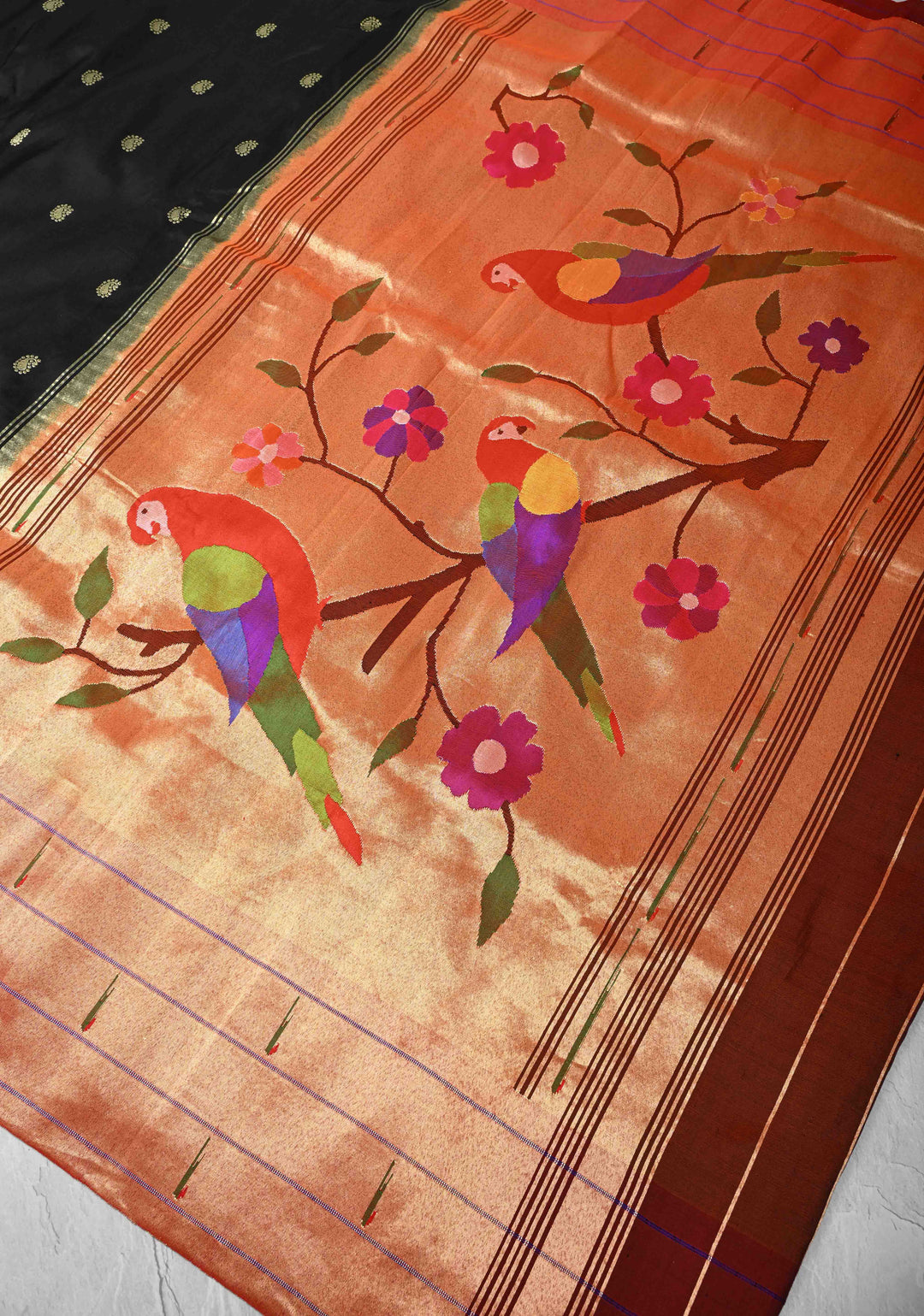 Authentic Black Yeola Paithani Handloom Silk Saree with Triple Muniya Borders and African Parrot on Pallu | SILK MARK CERTIFIED