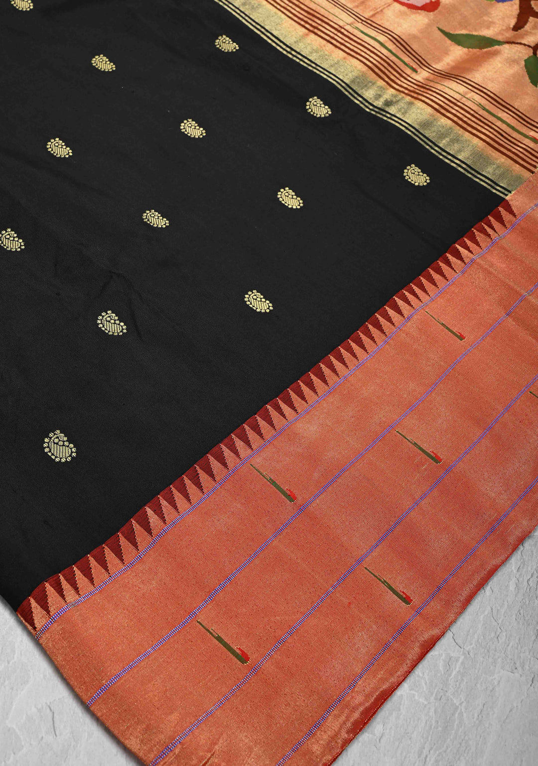 Authentic Black Yeola Paithani Handloom Silk Saree with Triple Muniya Borders and African Parrot on Pallu | SILK MARK CERTIFIED