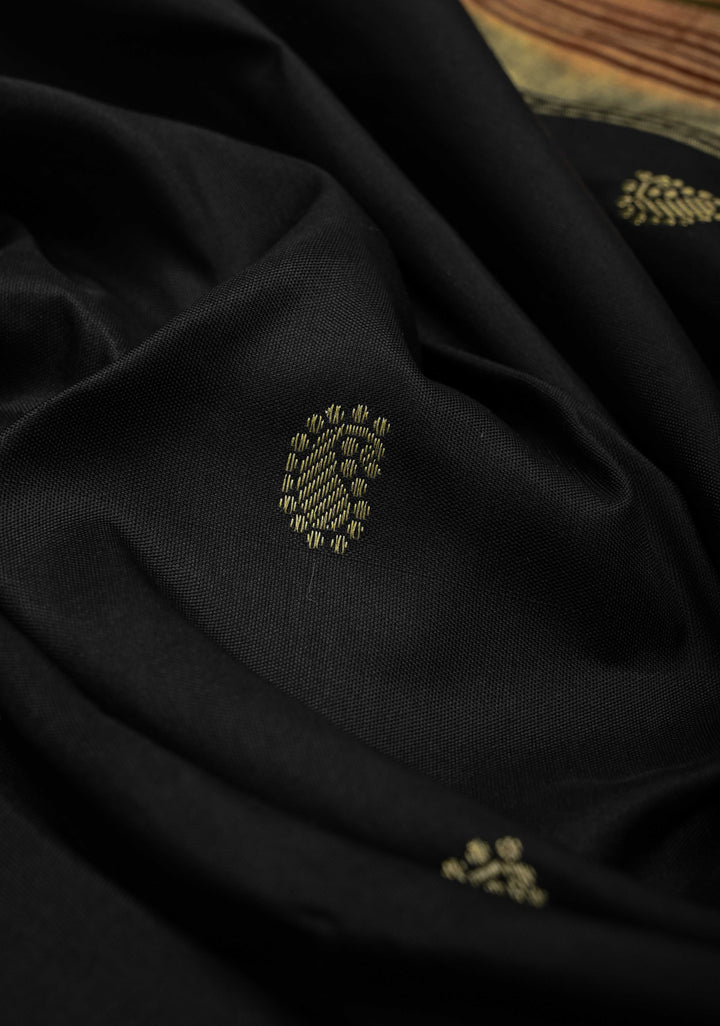 Authentic Black Yeola Paithani Handloom Silk Saree with Triple Muniya Borders and African Parrot on Pallu | SILK MARK CERTIFIED