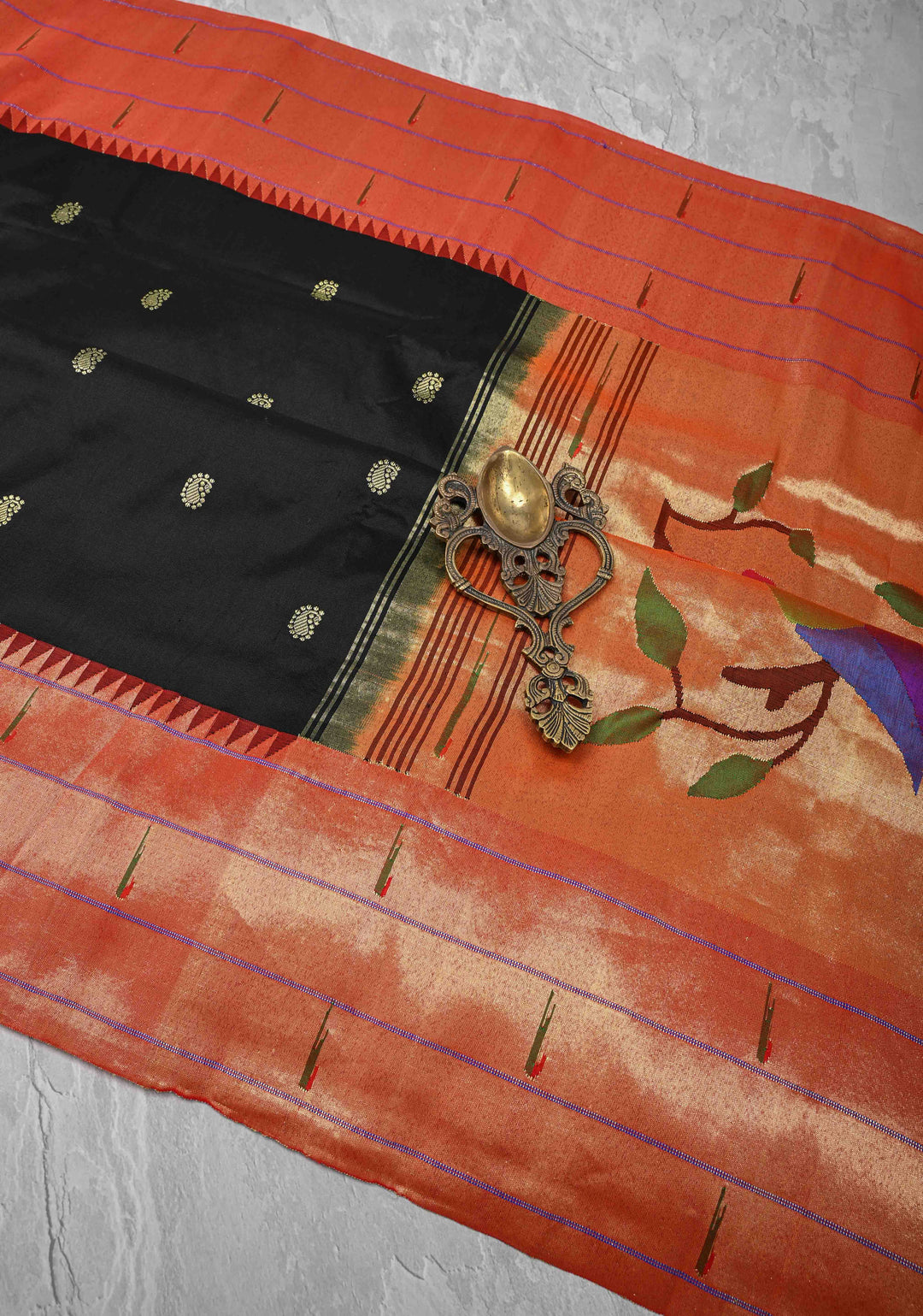 Authentic Black Yeola Paithani Handloom Silk Saree with Triple Muniya Borders and African Parrot on Pallu | SILK MARK CERTIFIED