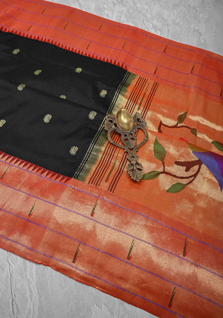 Authentic Black Yeola Paithani Handloom Silk Saree with Triple Muniya Borders and African Parrot on Pallu | SILK MARK CERTIFIED