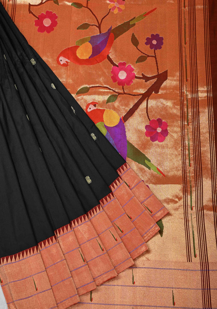 Authentic Black Yeola Paithani Handloom Silk Saree with Triple Muniya Borders and African Parrot on Pallu | SILK MARK CERTIFIED