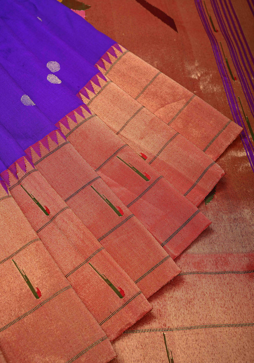Authentic Purple Coin Buttas on  Yeola Paithani Handloom Silk Saree with Triple Muniya Borders and Peacock Motifs on Pallu | SILK MARK CERTIFIED