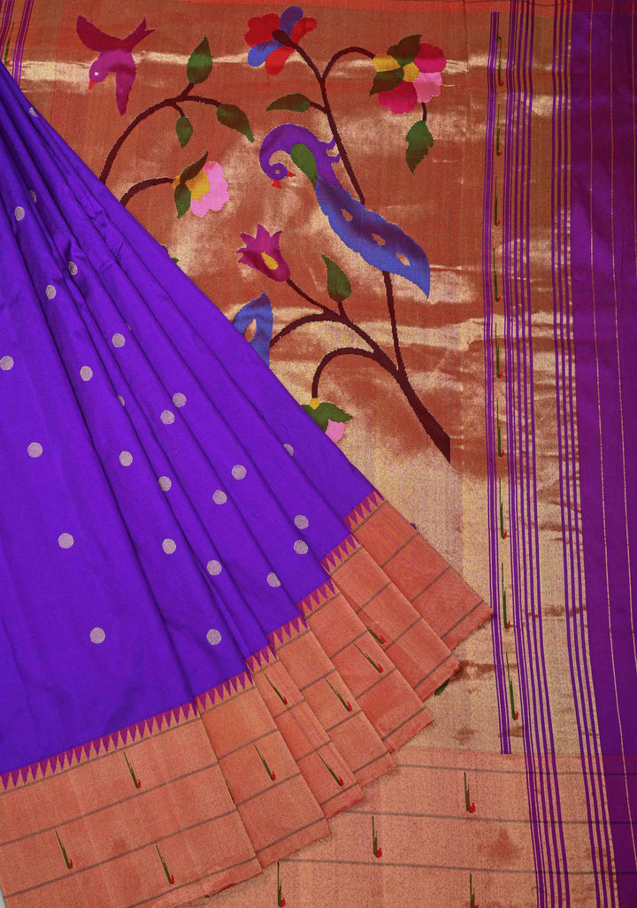 Authentic Purple Coin Buttas on  Yeola Paithani Handloom Silk Saree with Triple Muniya Borders and Peacock Motifs on Pallu | SILK MARK CERTIFIED
