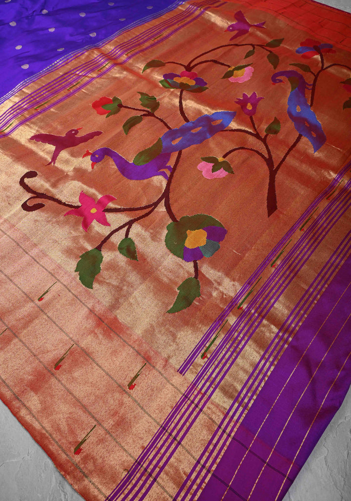 Authentic Purple Coin Buttas on  Yeola Paithani Handloom Silk Saree with Triple Muniya Borders and Peacock Motifs on Pallu | SILK MARK CERTIFIED