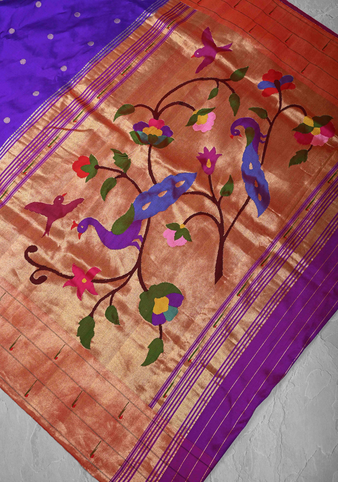 Authentic Purple Coin Buttas on  Yeola Paithani Handloom Silk Saree with Triple Muniya Borders and Peacock Motifs on Pallu | SILK MARK CERTIFIED
