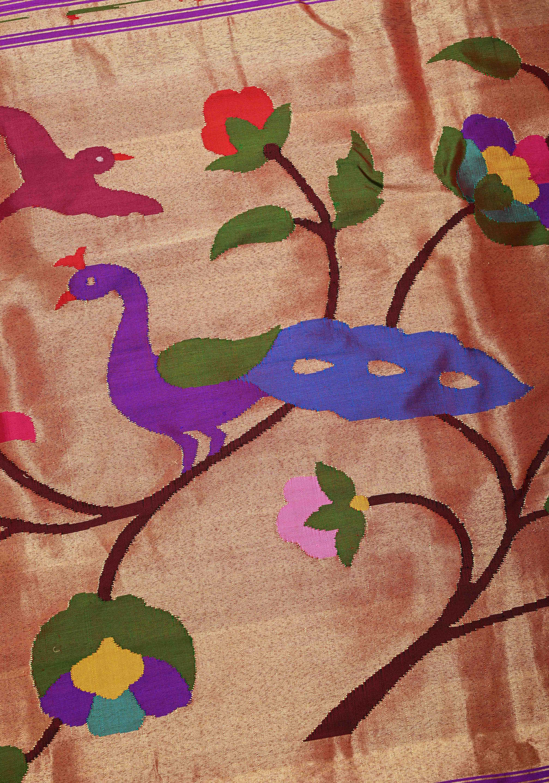 Authentic Purple Coin Buttas on  Yeola Paithani Handloom Silk Saree with Triple Muniya Borders and Peacock Motifs on Pallu | SILK MARK CERTIFIED