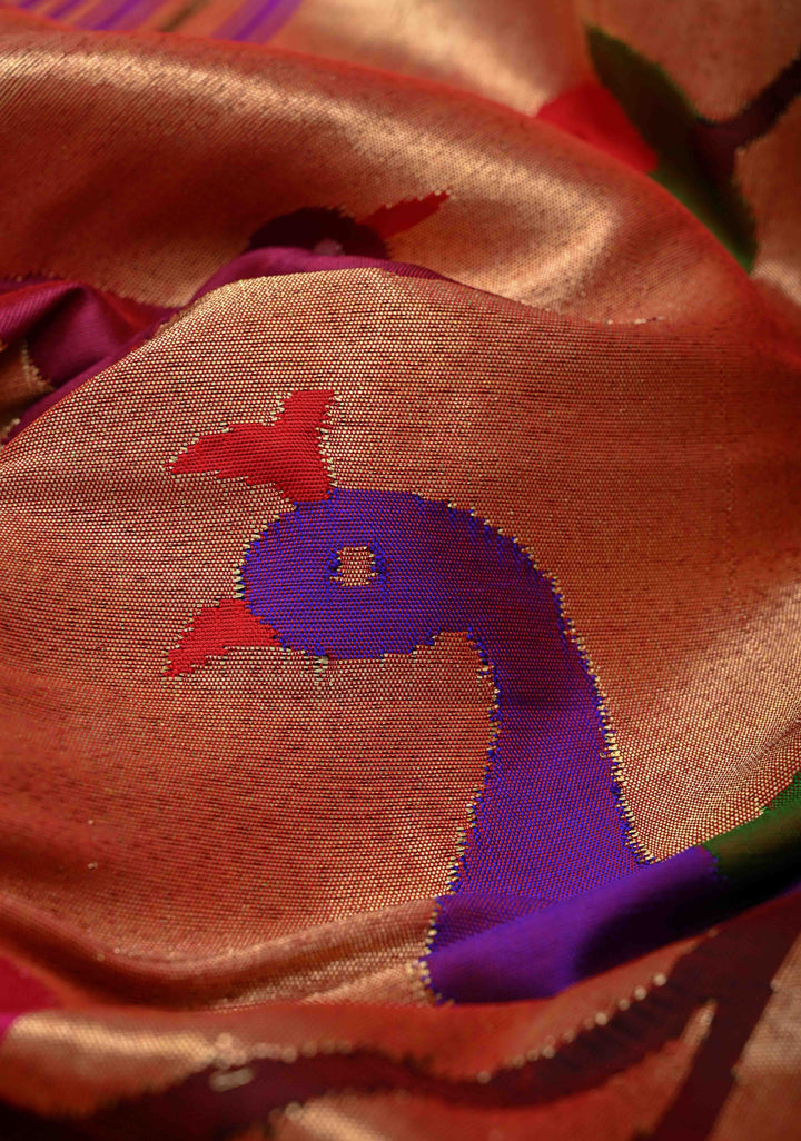 Authentic Purple Coin Buttas on  Yeola Paithani Handloom Silk Saree with Triple Muniya Borders and Peacock Motifs on Pallu | SILK MARK CERTIFIED