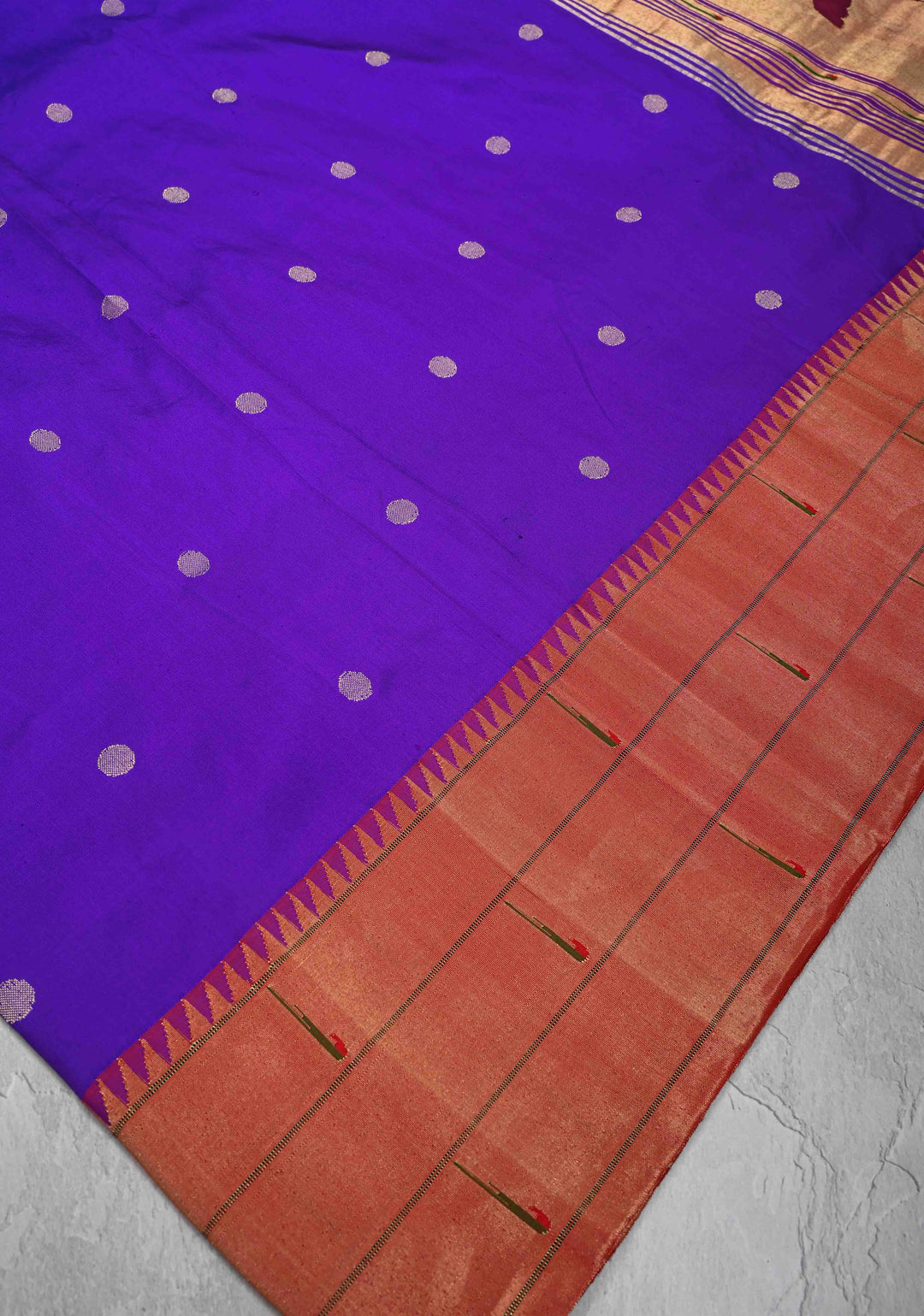Authentic Purple Coin Buttas on  Yeola Paithani Handloom Silk Saree with Triple Muniya Borders and Peacock Motifs on Pallu | SILK MARK CERTIFIED