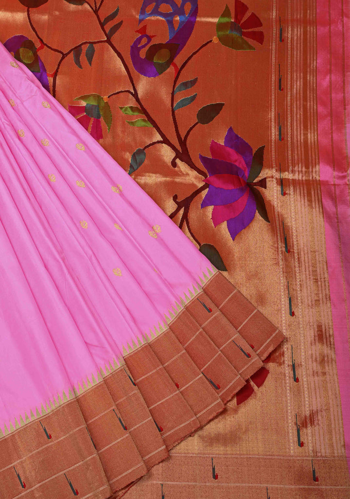 Authentic Bubble gum Pink Yeola Paithani Handloom Silk Saree with Triple Muniya Borders and Peacock Motifs on Pallu | SILK MARK CERTIFIED